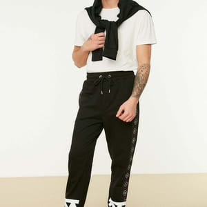Black Cuffed Printed Men's Sweatpants - Sweatpants 23