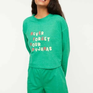 Green Front Print Knitted Pyjama And Shorts Women's Set