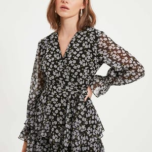 Black Floral Print Ruffle Long Sleeve Detail Women's Dress Black Floral Print Ruffle Long Sleeve Detail Women's Dress - Mini Dresses 20