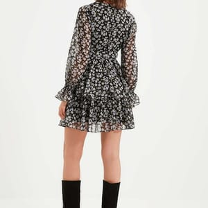 Black Floral Print Ruffle Long Sleeve Detail Women's Dress Black Floral Print Ruffle Long Sleeve Detail Women's Dress - Mini Dresses 23
