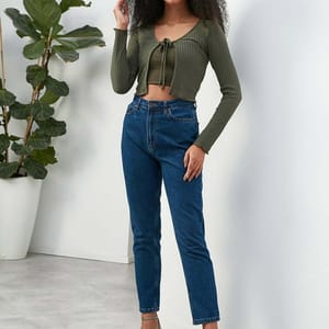 Army Green Tie Detail Knitted Long Sleeve Women's Crop Top - Cropped Tops 17