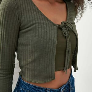 Army Green Tie Detail Knitted Long Sleeve Women's Crop Top - Cropped Tops 19
