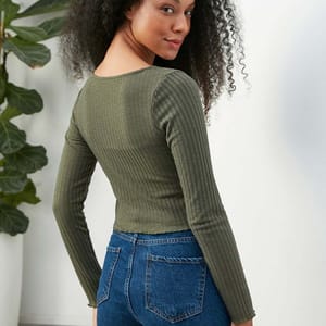 Army Green Tie Detail Knitted Long Sleeve Women's Crop Top - Cropped Tops 20