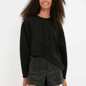 Black Crew Neck Asymmetric Hem Line Women's Sweatshirt - Sweatshirts 19