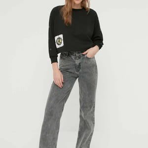 Black Crew Neck Buttoned Sleeves Printed Women's Sweatshirt - Sweatshirts 24