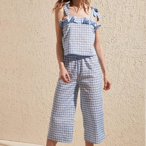 Blue Square Neck Lace Detail Top & Pyjama Women's Set