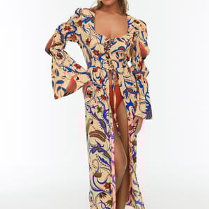 Puff Sleeve Tie Detail Printed Dress - Maxi Dresses 22