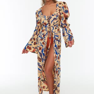 Puff Sleeve Tie Detail Printed Dress
