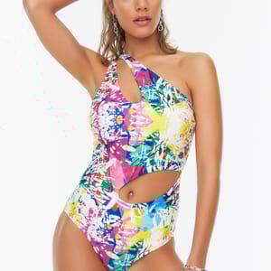 Multicolor One Shoulder Printed Cut Out Women's Swimsuit
