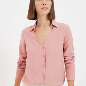 Button Down Rose V Neck Long Sleeve Women's Shirt