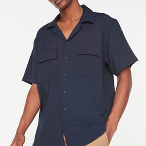 Navy Blue Double Pockets Essential Regular Fit Short Sleeve Men's Shirt