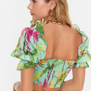 Floral Patterned Puff Sleeve Cropped Top & Skirt Set - Skirts Sets 23