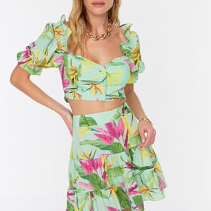Floral Patterned Puff Sleeve Cropped Top & Skirt Set - Skirts Sets 24