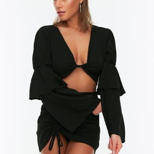 Plunge Neck Crop Top & Ruched Skirt Set - Skirts Sets 22