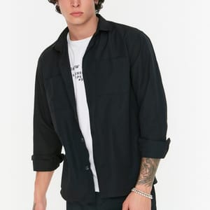 Black Double Pocket Relaxed Fit Men's Shirt - Long Sleeves Shirts 19