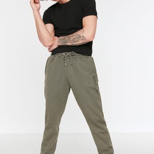 Khaki Pocket Print Drawstring Cuffed Men's Sweatpants