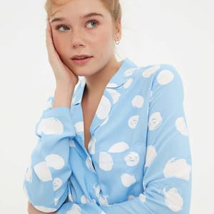 Baby Blue Pattern Knitted Short Women's Night Dresses Set - Loungewear 3
