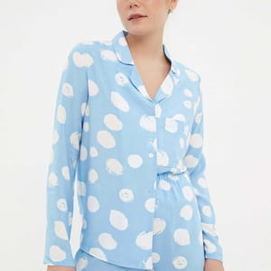 Baby Blue Pattern Knitted Short Women's Night Dresses Set