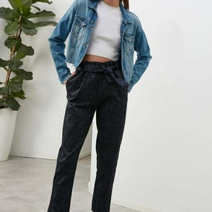 Belted Jacquard Woven Paperbag Trousers - Trousers 2