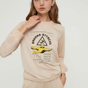Beige Front Printed Crew Neck Long Sleeve Women's Sweatshirt - Sweatshirts 1