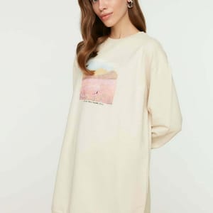 Beige Front Printed Knitted Tunic Women's Sweatshirt - Sweatshirts 3