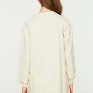Beige Front Printed Knitted Tunic Women's Sweatshirt - Sweatshirts 4