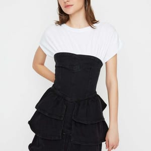 Crew Neck Colorblock Denim Dress