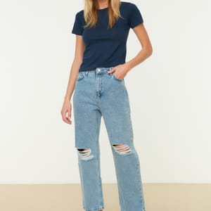 Ripped High Waist Straight Jeans
