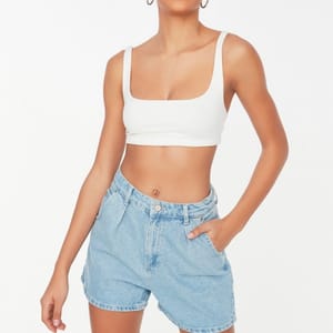 Pleated Cotton Denim Shorts - Denim Shorts 34