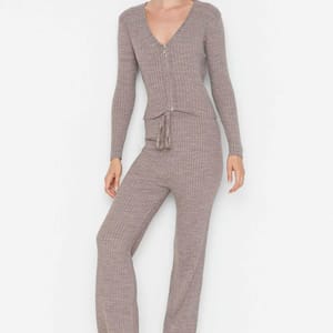 Zip Detail Ribbed Top & Pants Set - Co-ord Sets 36