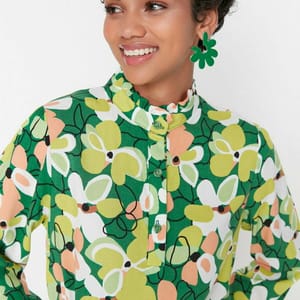 Green High Neck Floral Print Long Sleeve Women's Dress - Maxi Dresses 22