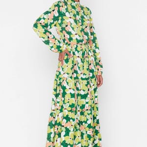 Green High Neck Floral Print Long Sleeve Women's Dress