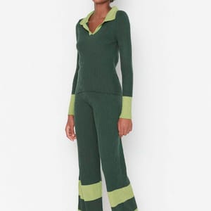 Turtle Neck Top And Pant Color Block Women's Knitwear Co-Ord Set