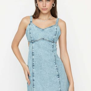 Cut Out Detailed Strap Denim Dress - Mini Dresses 16