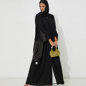 Open Crepe Abaya With Stitching Black And Beige Design