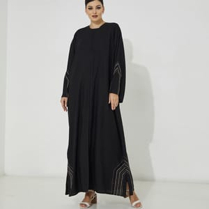 ECB Shape Abaya Open Crepe Abaya With Stitching Black And Beige Design + Hand Embroidery - Abayas 3