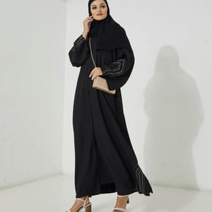 ECB Shape Abaya Open Crepe Abaya With Stitching Black And Beige Design + Hand Embroidery - Abayas