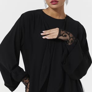 Black Net Abaya Black Net Abaya Featuring Exquisite Embroidery - Abayas 2