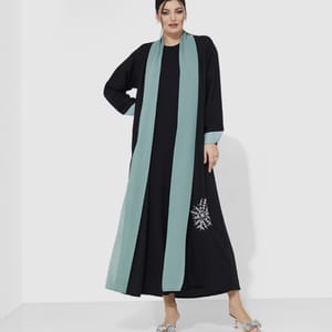 Crepe Open Abaya With Chiffon Pistachio And White Emprodary Design