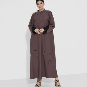 Purple Close Abaya With Black Embroidary Design And Chiffon Sleeves + Belt