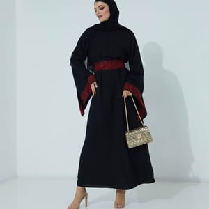 Abaya With A Flow French Design With Red Palestine Embroidary Design In Sleeves + Belt