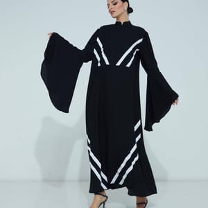 Abaya With A Flow French Design With White Design Line And Flowing Design In Sleeves + Belt