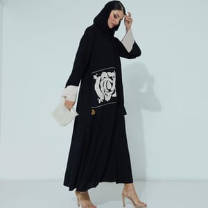 Elegant Black Abaya With Beige Floral Design Embroidery