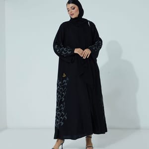 Black Abaya With Silver Embroidary On The Sides & Black Hand Stones Embroidary From Tow Sides