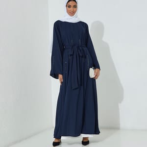 Navy Crepe Abaya French Cut & Wide Sleeves With Navy Hand Embroidery Stones