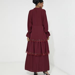 Elegant Maroon Dress Abaya - Organza Embroidery & Gold Stones - Red Rose - Abayas 2