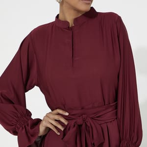 Elegant Maroon Dress Abaya - Organza Embroidery & Gold Stones - Red Rose - Abayas 3