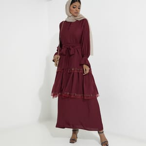 Elegant Maroon Dress Abaya - Organza Embroidery & Gold Stones - Red Rose - Abayas