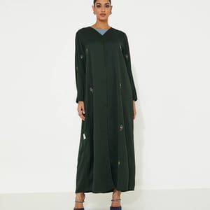 Green Abaya With Red Mix Colors Flower Hand Embroidery