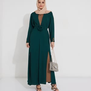 Creen V Neck Baya Rosette Abaya - Women's Abayas 3